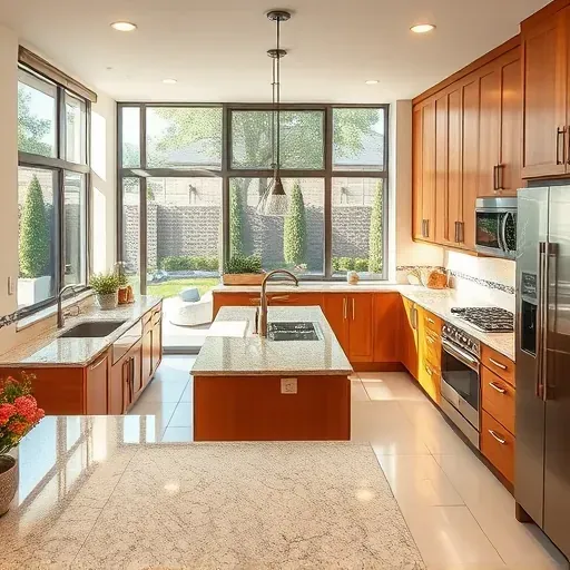Modern kitchen in Mission Viejo with granite countertops, warm wood cabinets, stainless appliances, and lush backyard view