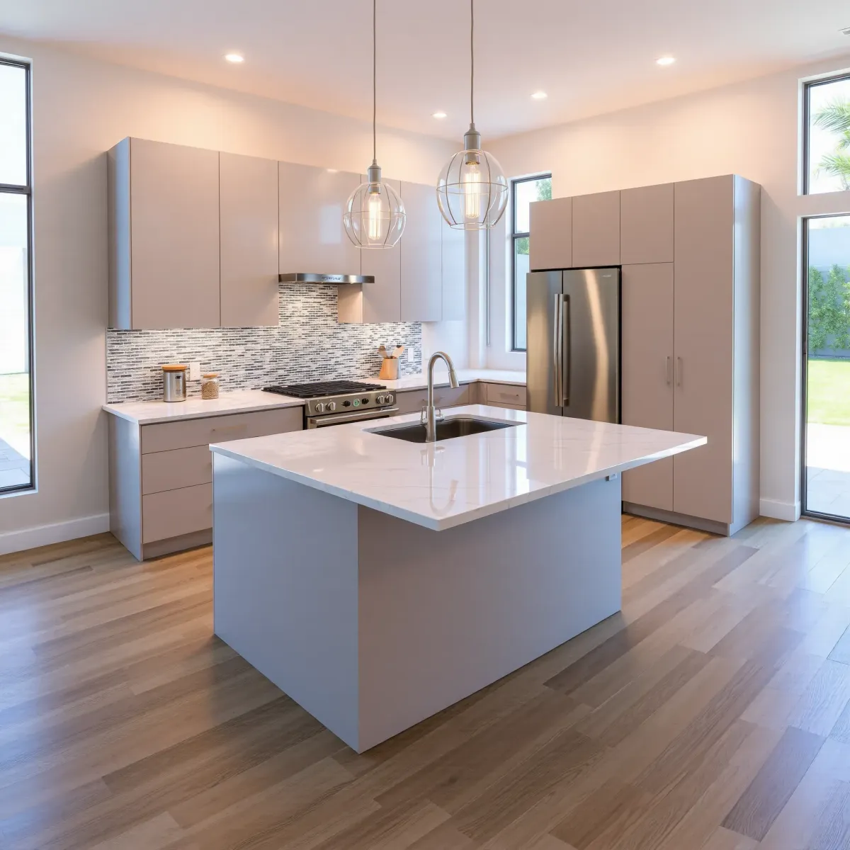 Modern Huntington Beach kitchen with quartz counters, stainless steel appliances, light wood cabinets, and a lush backyard view.