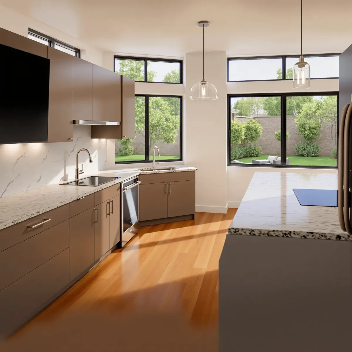 Remodeled Lake Forest kitchen with modern design, stainless appliances, white quartz countertops, dark hardwood floors, and large windows.