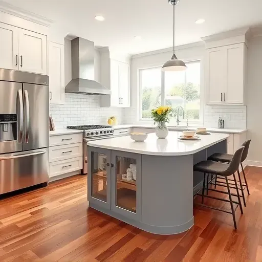 Modern kitchen remodel in French Park CA featuring stainless steel appliances, glossy cabinetry, and quartz countertops.