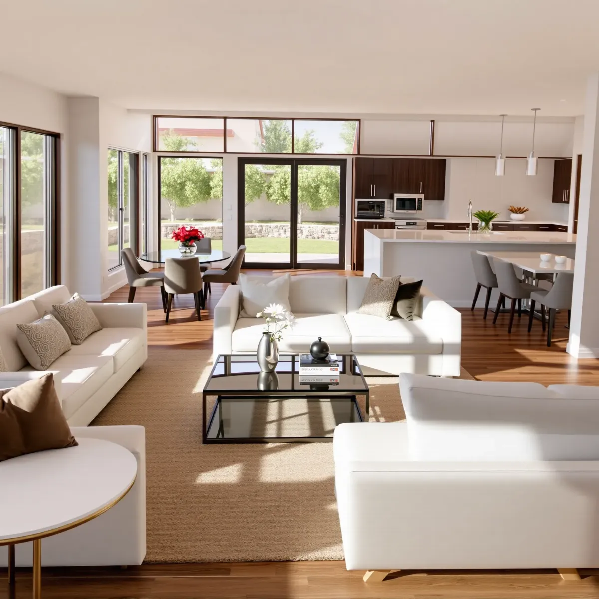 Renovated Rancho Santa Margarita backyard patio with modern furniture, lush landscaping, pergola, and stylish exterior paint.