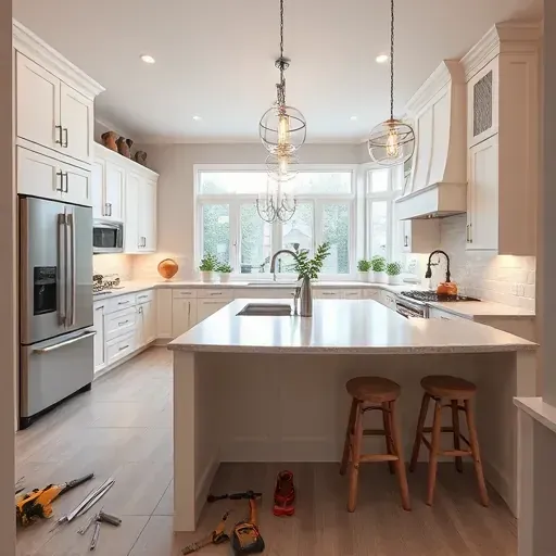 Modern kitchen remodel in Floral Park CA featuring sleek appliances, elegant cabinetry, and inviting natural light.