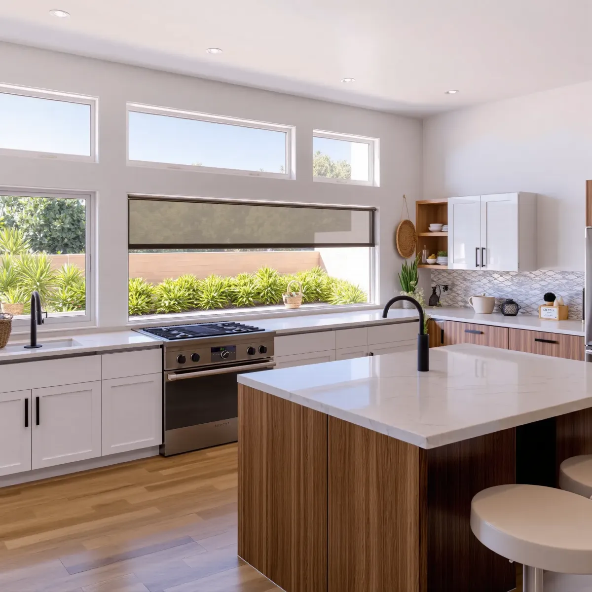 Remodeled Westminster, CA kitchen with sleek wood cabinets, white marble counters, stainless steel appliances, and hardwood floors.