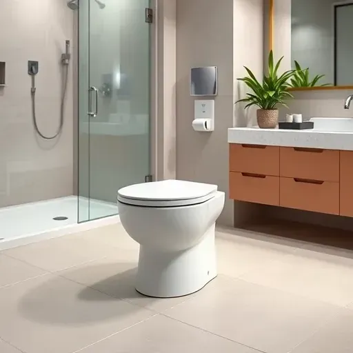 Newly installed high-end white toilet with sleek design in modern bathroom featuring chrome fixtures marble vanity and green plants