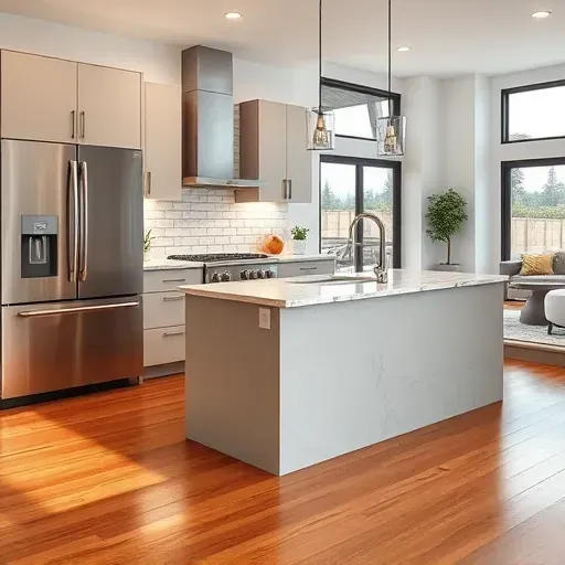 Completed modern kitchen in South Coast Metro CA with sleek cabinetry, marble island, stainless steel appliances, and natural light
