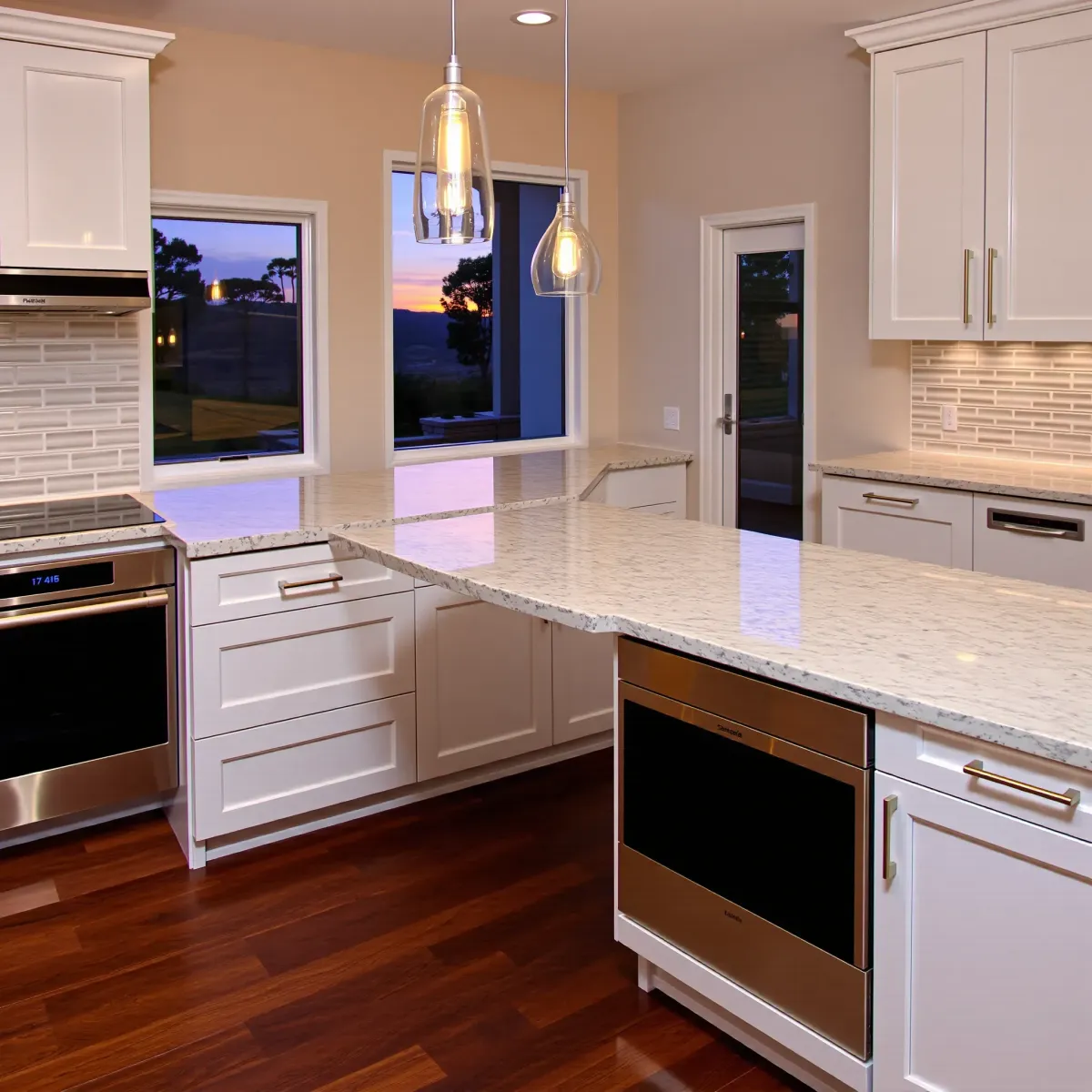 Completed Mission Viejo kitchen remodel with modern cabinetry, quartz island, stainless appliances, and natural lighting.