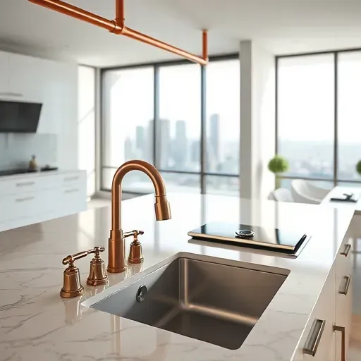 Modern Los Angeles kitchen with polished copper pipes stainless steel fixtures ceramic sink granite countertops and city skyline view