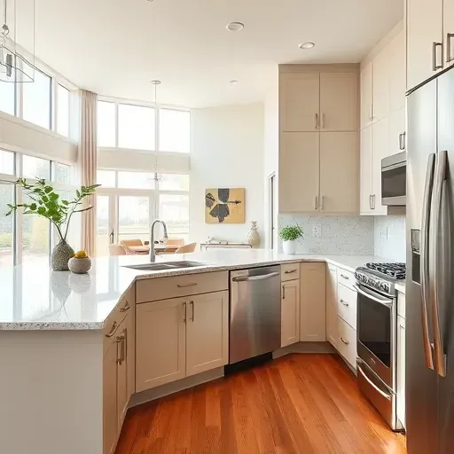 Renovated Windsor Village CA kitchen with matte cabinets, granite countertops, stainless steel appliances, hardwood floors, and natural light