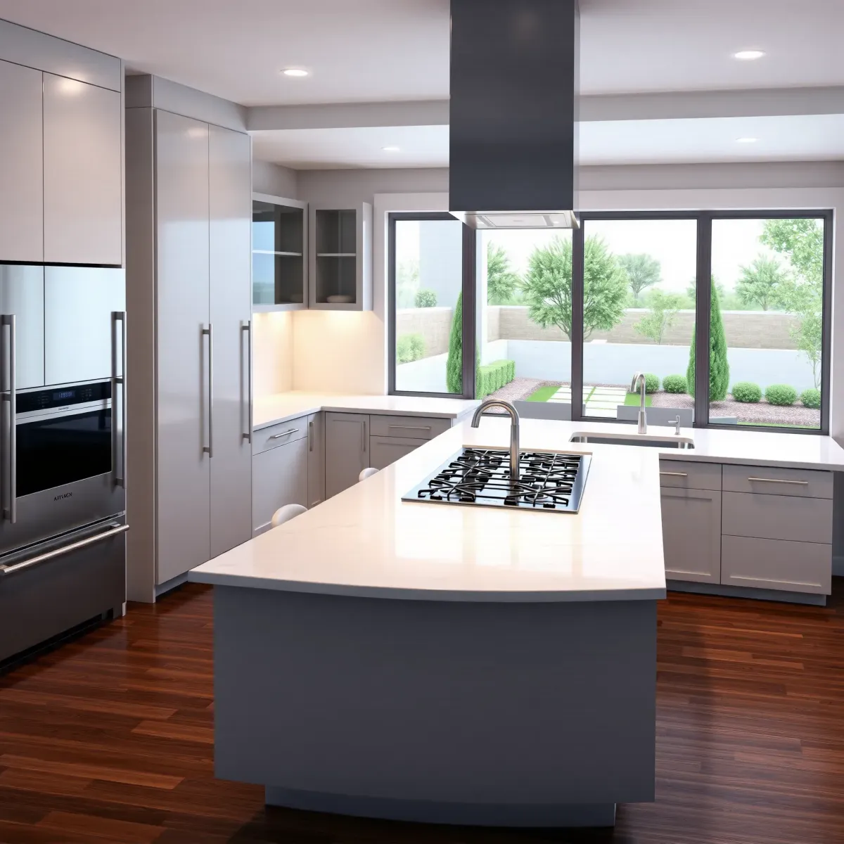 Beautiful remodeled Tustin, CA kitchen featuring white shaker cabinets, quartz counters, dark wood island, stainless appliances, and natural light.