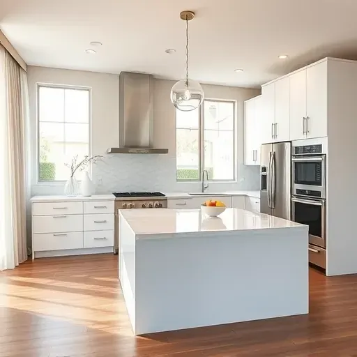 Freshly remodeled Irvine kitchen features sleek white cabinetry, stainless steel appliances, and polished marble island.