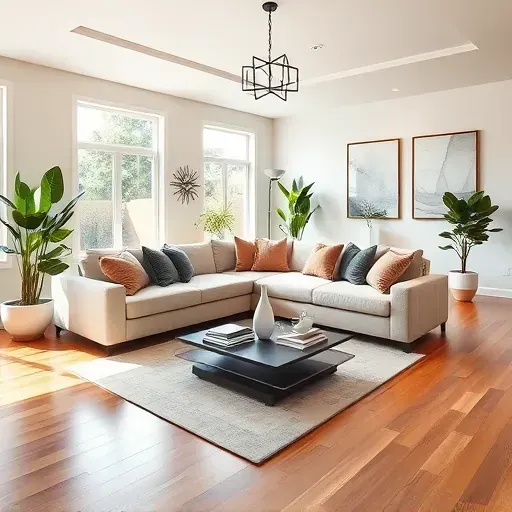 Modern living room remodel in Rancho Santa Margarita features cozy furnishings, artwork, natural light, and stylish decor.