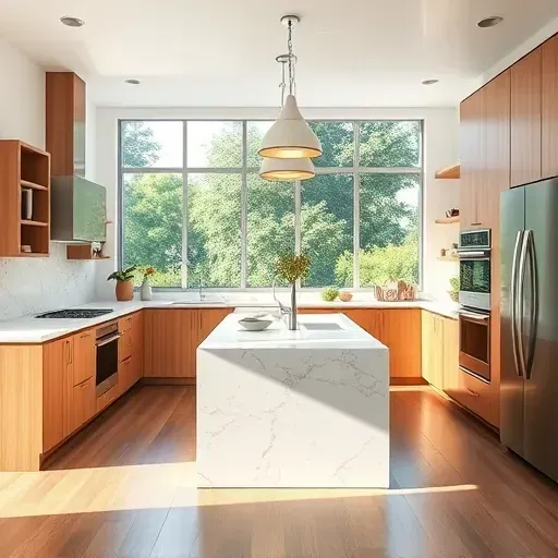 Remodeled Northwood CA kitchen with quartz countertops, warm wood cabinets, stainless steel appliances, and natural light