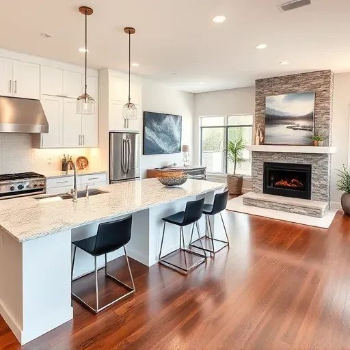 Modern kitchen remodel in West Grove Valley CA with white cabinets granite counters and cozy living space design.