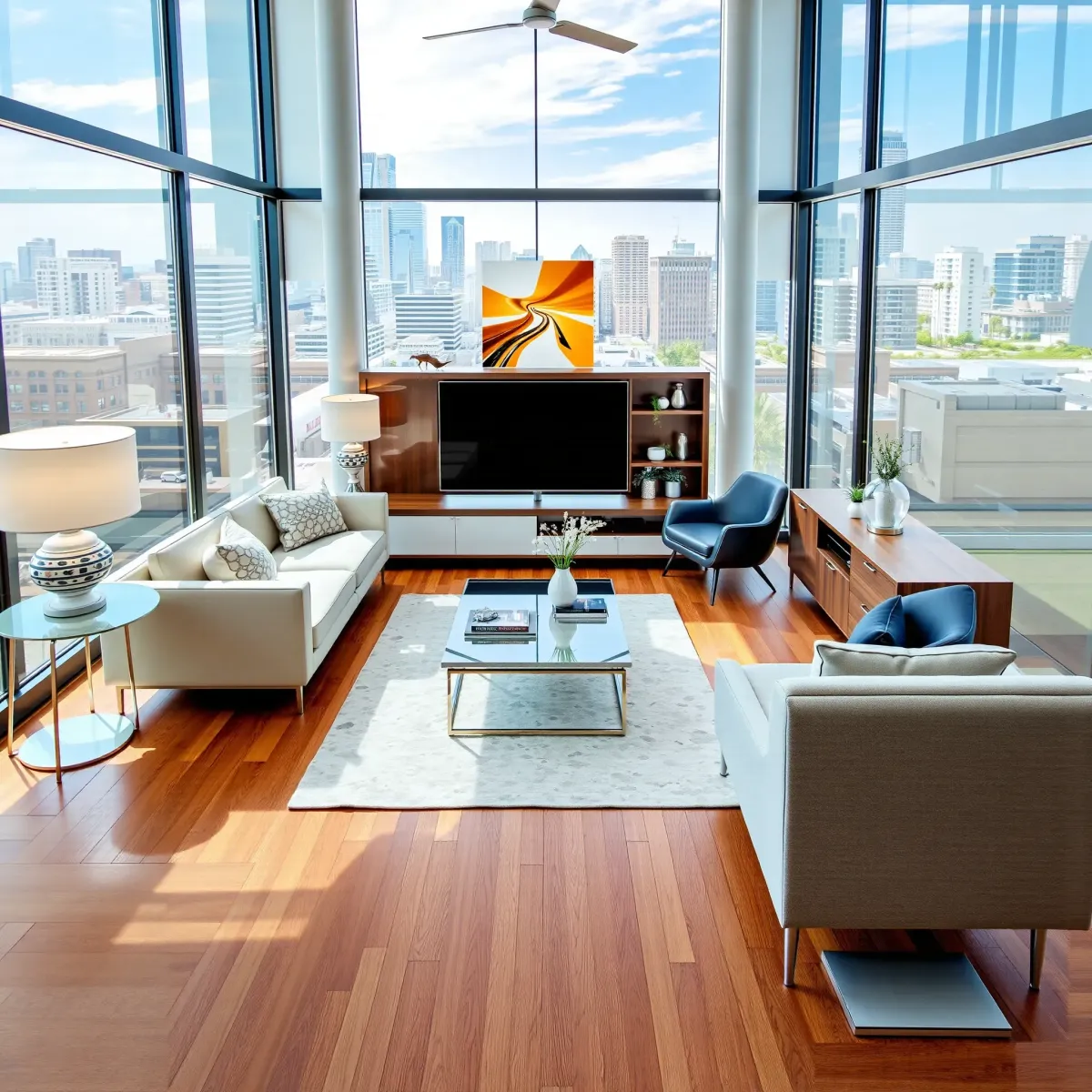 Beautiful renovated LA living room with modern furniture, hardwood floors, city views, and sophisticated decor.