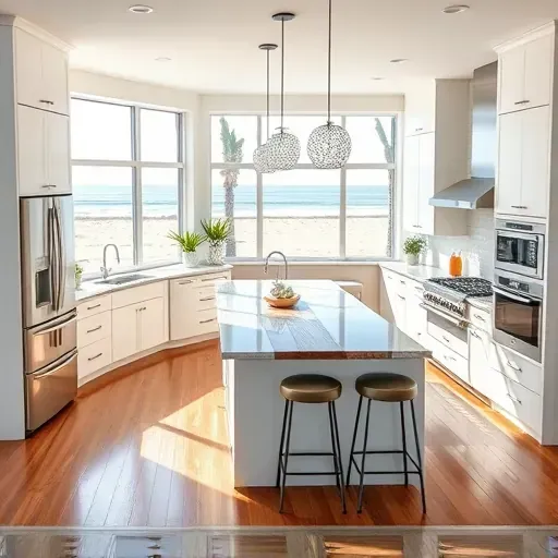 Modern coastal kitchen in Laguna Beach with white cabinets quartz countertops rustic island ocean view hardwood floors and stylish decor