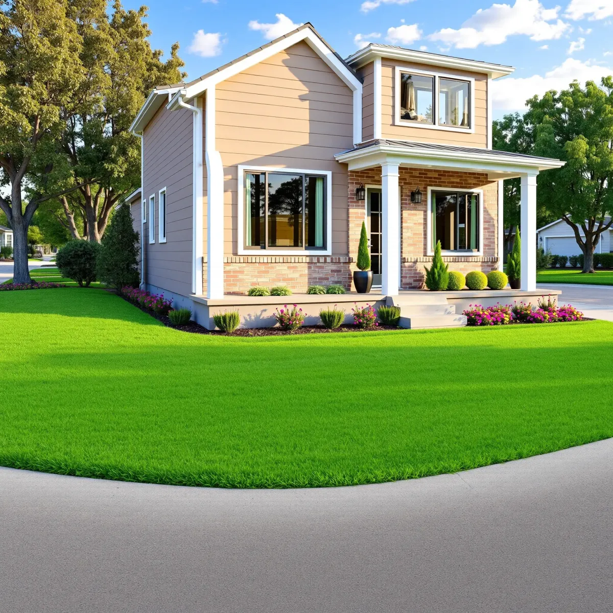 Completed Floral Park home remodeling showing modern exterior, updated interior with hardwood floors, stylish landscaping.