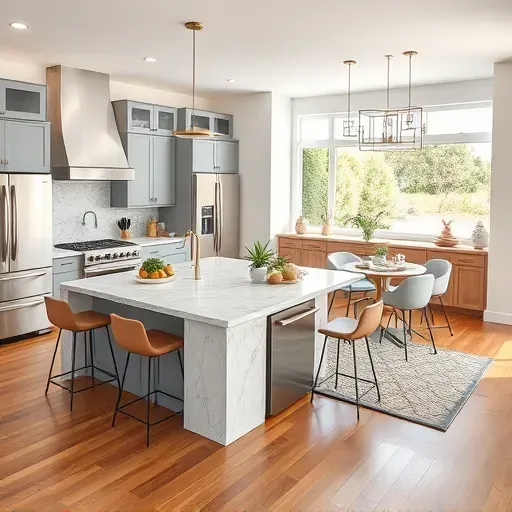 Modern remodeled kitchen in North Tustin CA with stainless steel appliances, marble island, and soft gray cabinetry.