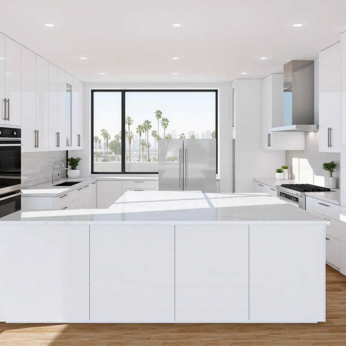 Modern Los Angeles kitchen with white cabinets, quartz countertops, stainless appliances, large windows, and wooden flooring.