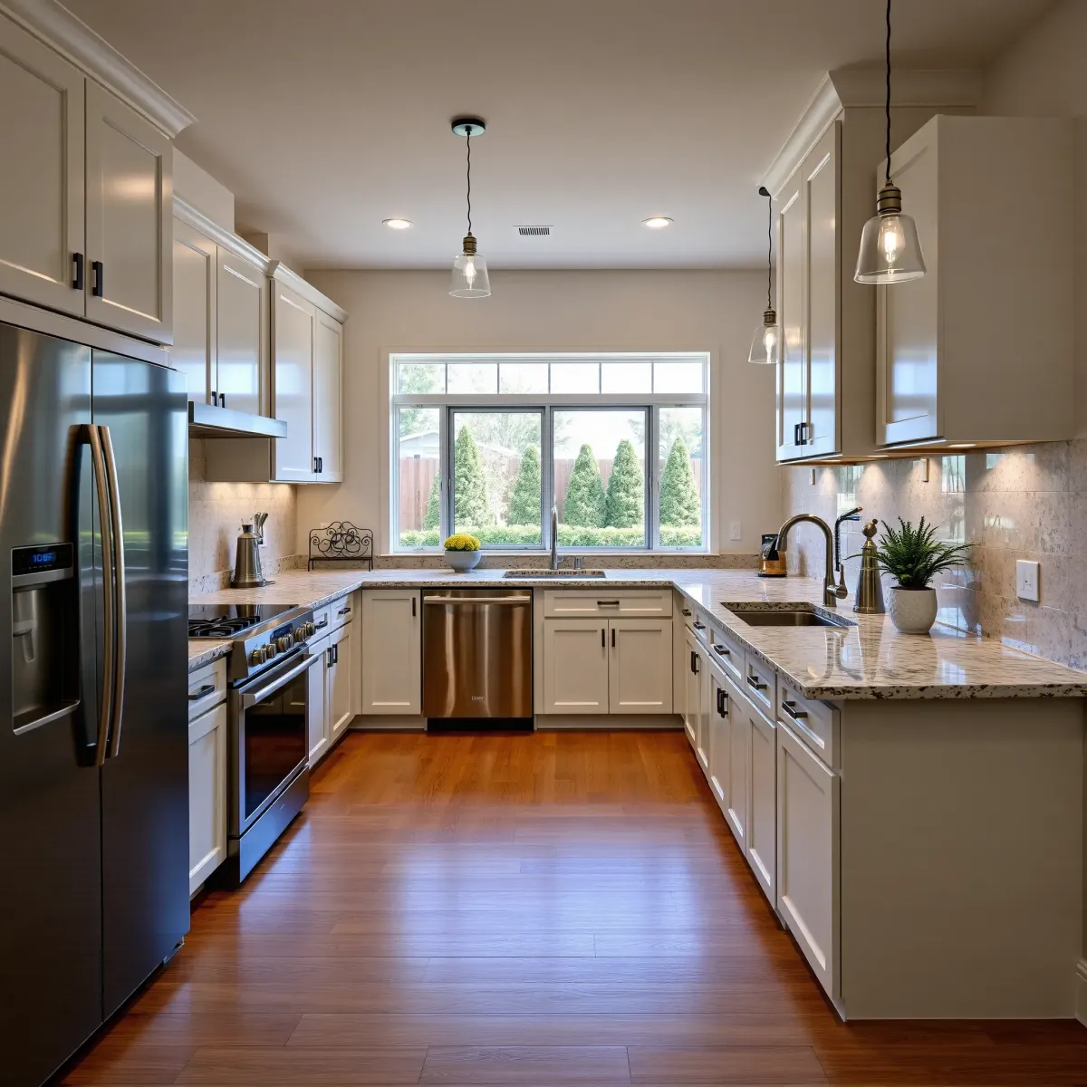 Beautiful remodeled living room in Lacy, CA with modern furnishings, elegant decor, hardwood floors, and a sleek open-concept kitchen.