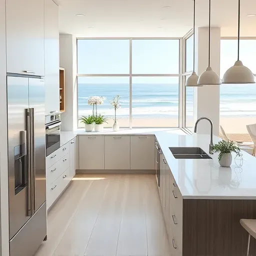 Modern San Clemente coastal kitchen with sleek matte cabinetry quartz countertops ocean-inspired backsplash and panoramic seaside views