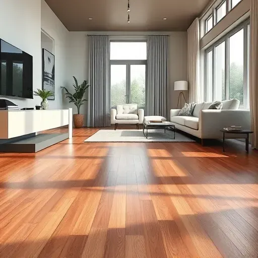 Modern living room with sleek heated hardwood floors, minimalist decor, neutral walls, and natural light.