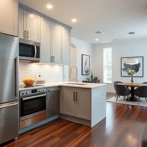 Modern kitchen remodel in Fountain Valley CA with stainless steel appliances, quartz countertops, and custom cabinetry.
