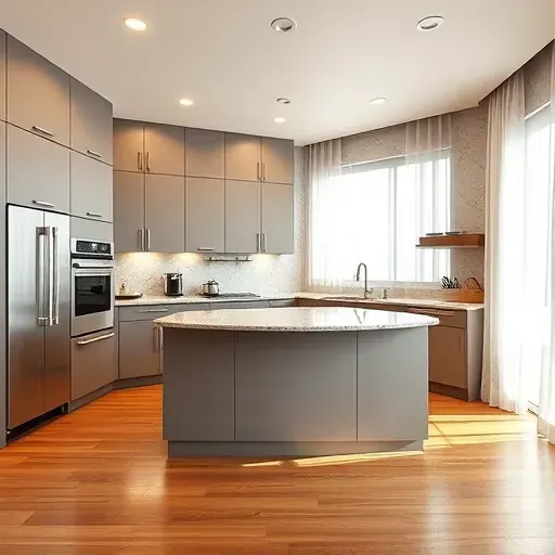 Remodeled modern Fountain Valley kitchen with matte cabinets granite countertops stainless steel appliances central island hardwood floors and natural light