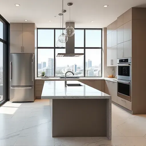 Newly remodeled modern kitchen in Los Angeles with quartz countertops, custom cabinetry, and skyline views.