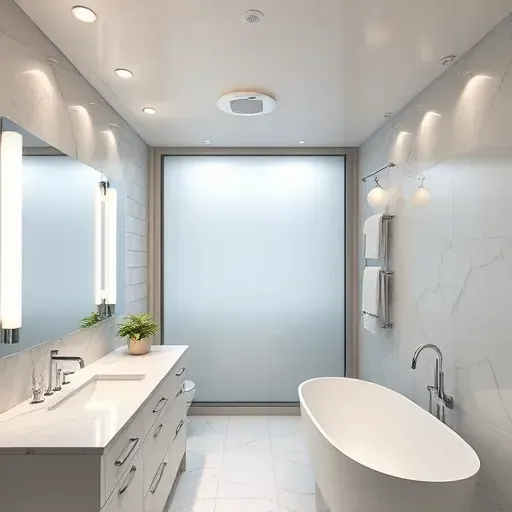 Modern Los Angeles bathroom with seamless LED lighting, marble countertops, backlit mirror, soaking tub, and frosted glass windows