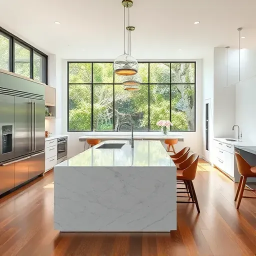 Modern kitchen in Los Angeles with sleek stainless steel appliances, marble island, and warm neutral tones.