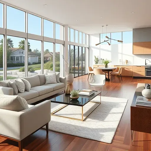 Beautiful renovated LA family room with modern furniture, large windows, open kitchen, and lush scenery outside