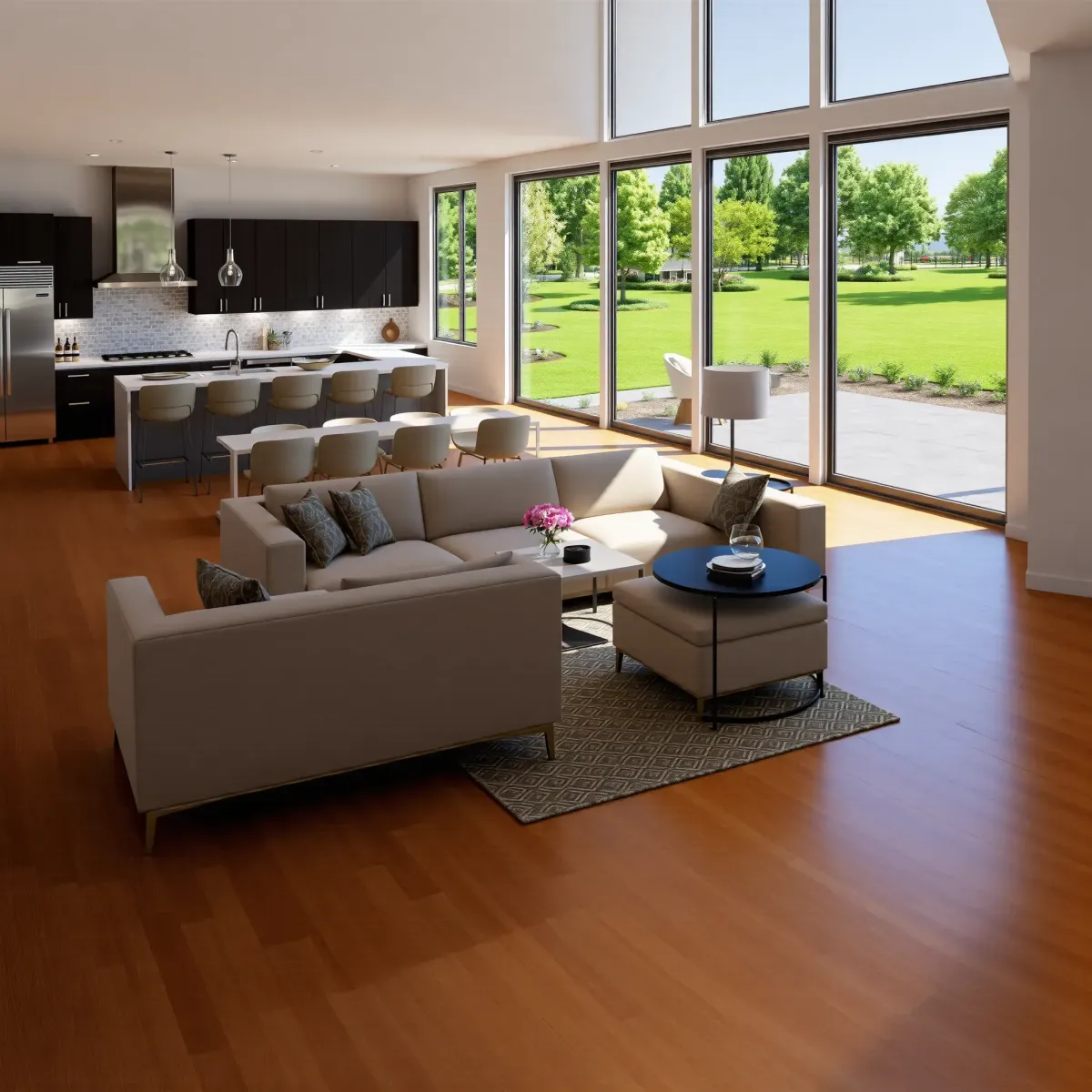 Modern Lake Forest home renovation scene featuring a spacious living room with stylish decor and natural sunlight.