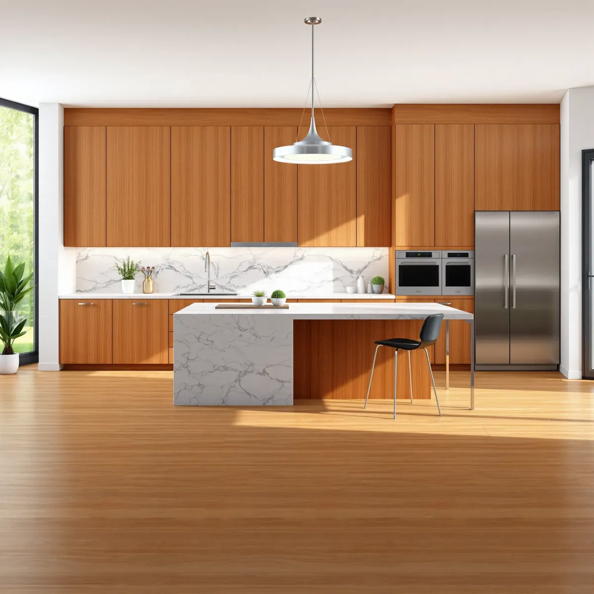 Remodeled Mid-City, CA kitchen with matte cabinets, marble island, stainless steel appliances, subway backsplash, and hardwood floors.