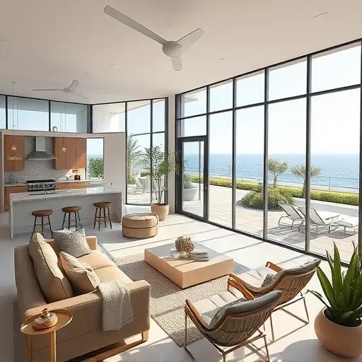 Modern Laguna Beach living space with large windows, luxury finishes, and stunning ocean views from landscaped patio.