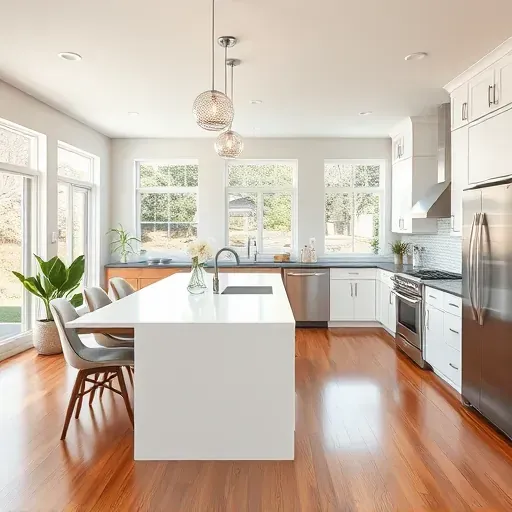 Modern kitchen remodel in West Grove Valley CA with white cabinetry, quartz island, and stainless steel appliances.