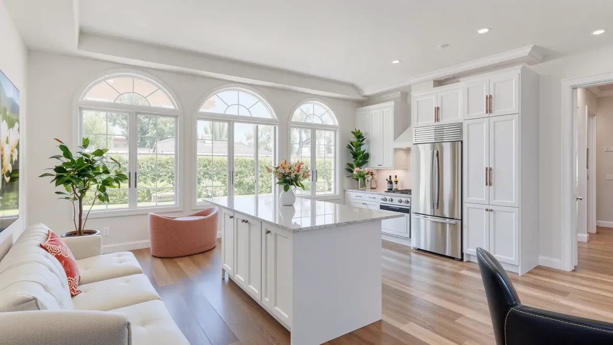 Remodeled Lake Forest CA home with modern design, large energy-efficient windows, manicured yard, and stylish exterior.