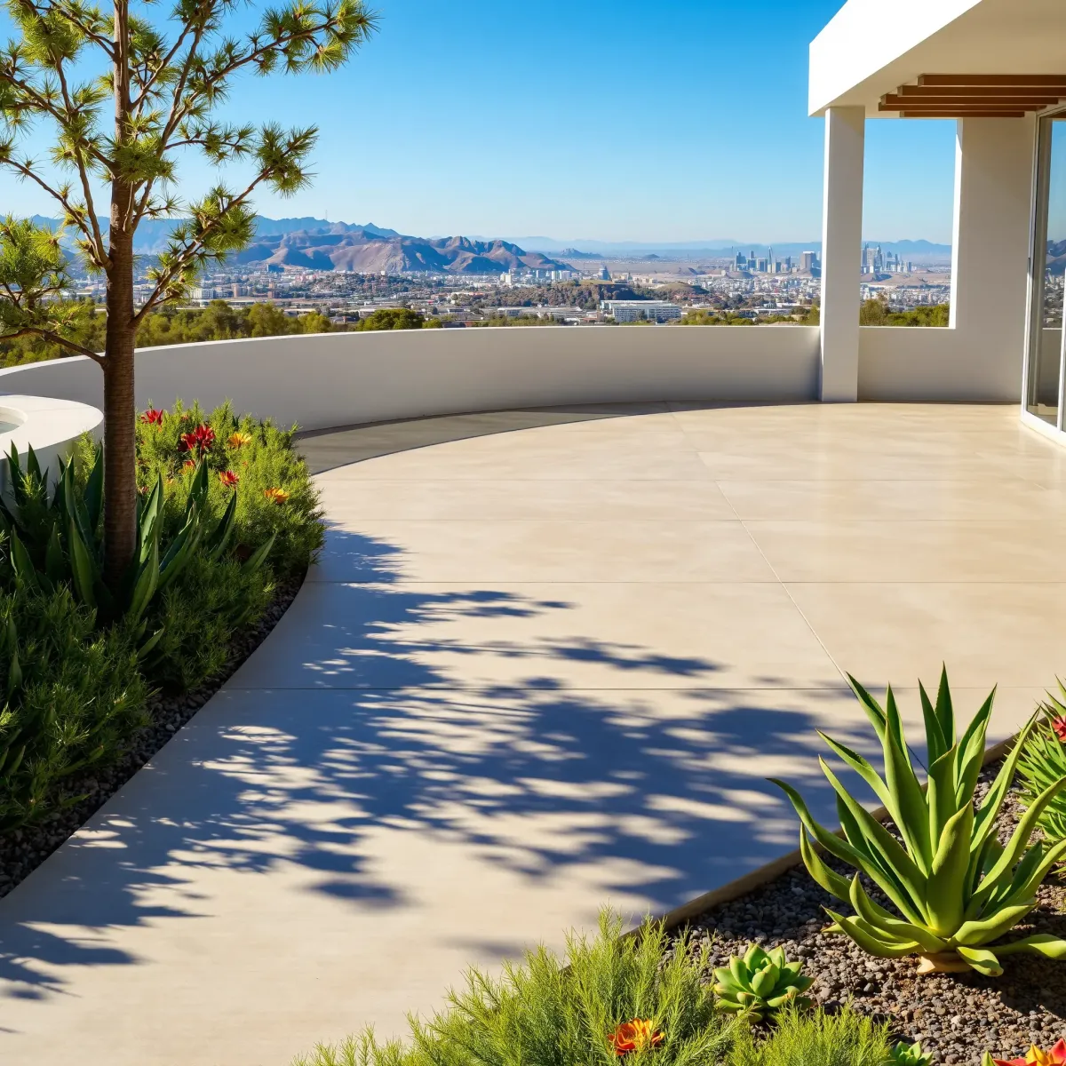 Modern LA outdoor patio with concrete paver flooring, desert plants, city skyline, and rolling hills under a blue sky.