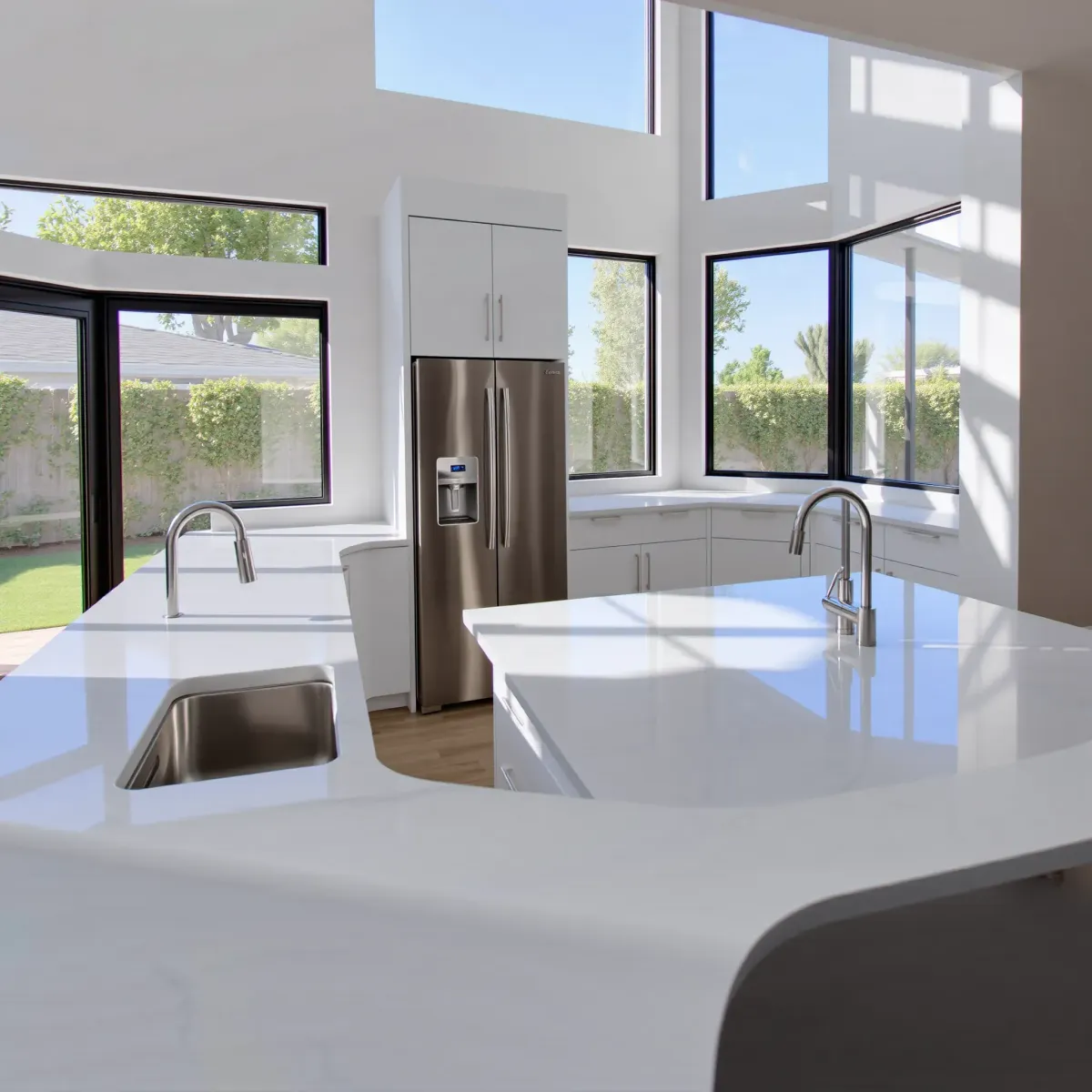 Renovated Fountain Valley kitchen with modern quartz countertops, stainless appliances, custom cabinetry, and abundant natural light.