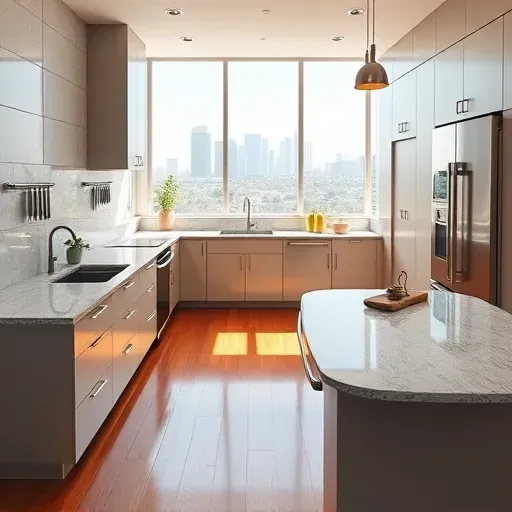 Freshly renovated Los Angeles kitchen with modern cabinetry, granite countertops, stainless appliances, and skyline views.