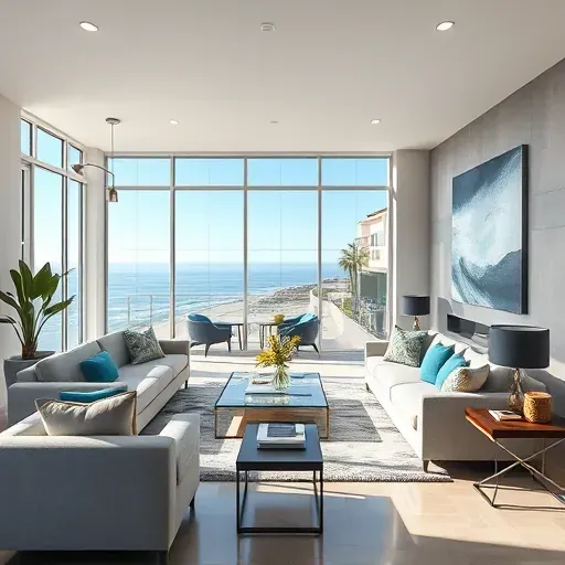 Modern open-concept living space in Huntington Beach with sleek furniture, ocean views, and elegant decor.