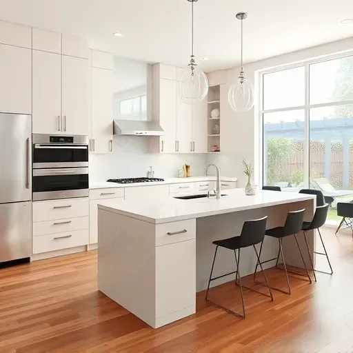 Completed modern kitchen with high-gloss cabinetry, marble island, stainless appliances, hardwood floors, and natural light overlooking a garden