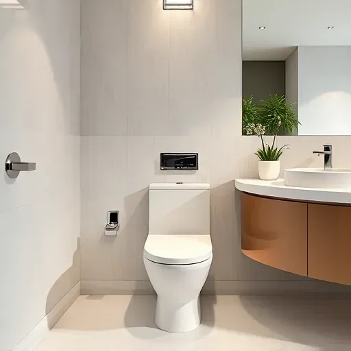 Modern sleek toilet in contemporary LA bathroom with polished ceramics, minimalist vanity, ambient lighting, and stylish fixtures