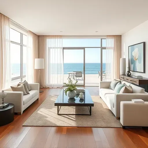 Remodeled Laguna Beach living room with panoramic ocean views, modern furniture, and coastal color palette.