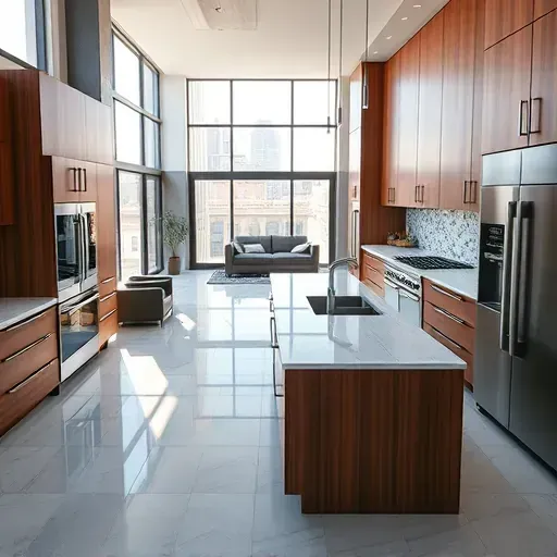 Renovated Santa Ana kitchen with modern wood cabinetry stainless steel appliances marble island vibrant local tiles open-concept urban views