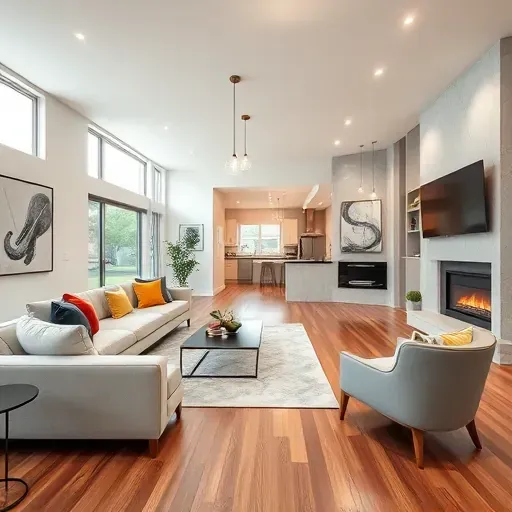 Modern living room remodel in MainPlace CA with stylish furnishings, vibrant accents, and elegant lighting showcasing sophistication.