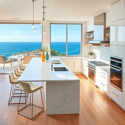 Stylish modern kitchen in Laguna Beach with white cabinetry, marble countertops, stainless appliances, and ocean views.