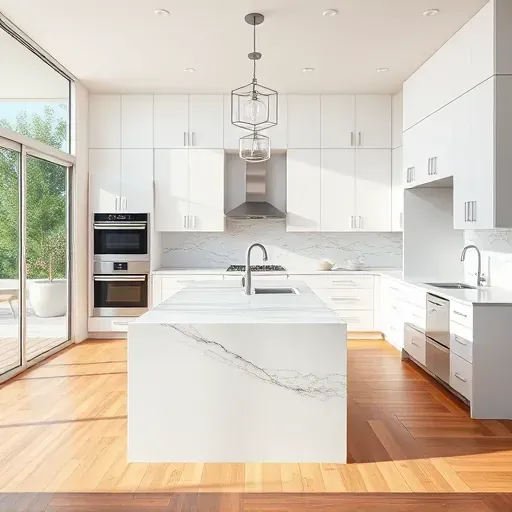 Renovated Los Angeles kitchen with modern cabinetry, marble island, stainless steel appliances, and bright natural light.