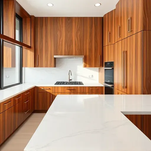 Custom wooden kitchen cabinets with marble countertops, modern appliances, geometric tile backsplash, in a bright upscale Los Angeles home