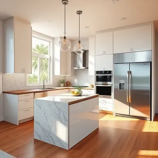 Renovated Los Angeles kitchen with modern cabinetry, granite countertops, a stylish island, and stainless steel appliances.