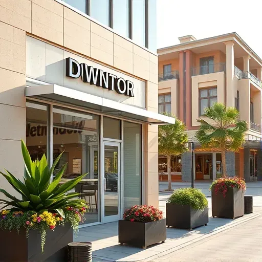 Completed storefront remodeling in Downtown Santa Ana with modern design, vibrant greenery, and warm afternoon light.
